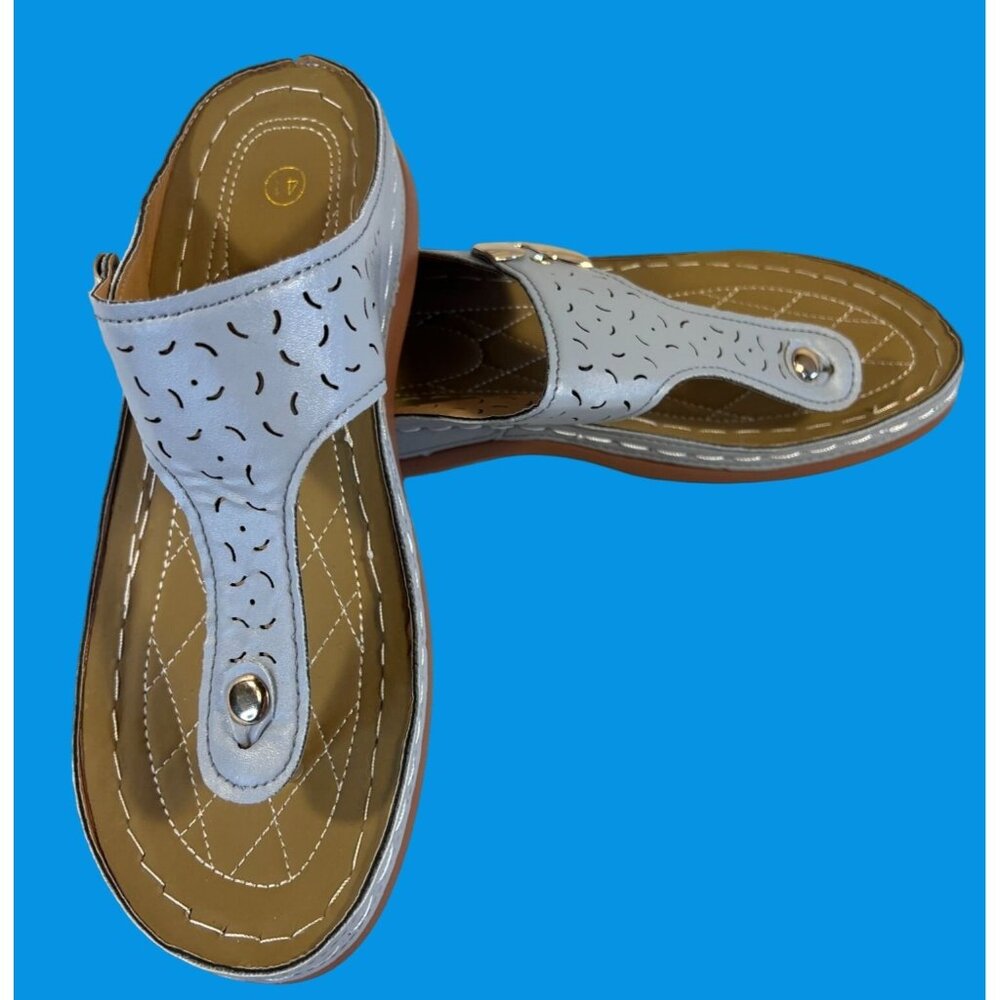 Womens Size 41/10 Light Blue Perforated PU Leather Slip-On Sandals - Picture 8 of 12